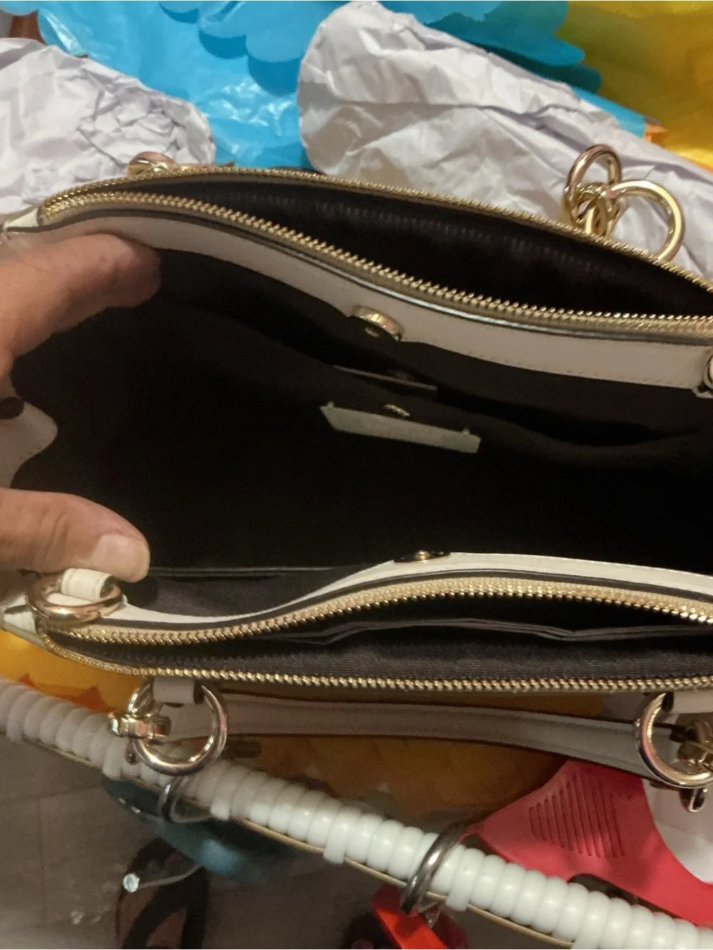 Coach Beige Signature Satchel with White Trim and Pink Accents